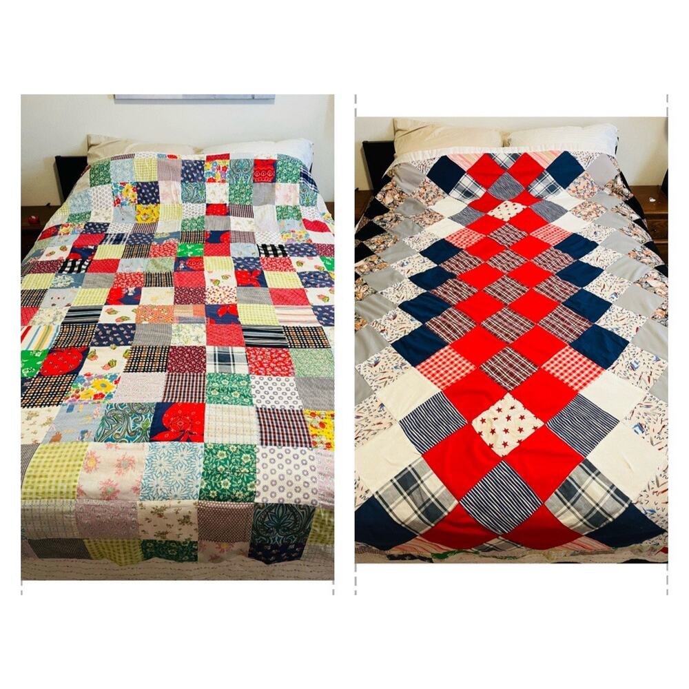 Vintage Handmade Patchwork Double Sided Quilt 84 x 69" Strawberries Peppers Girl